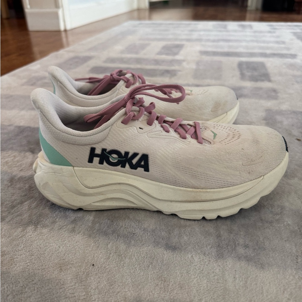 Hoka Women's White Sneakers with Pink Laces and Teal Heel Accent